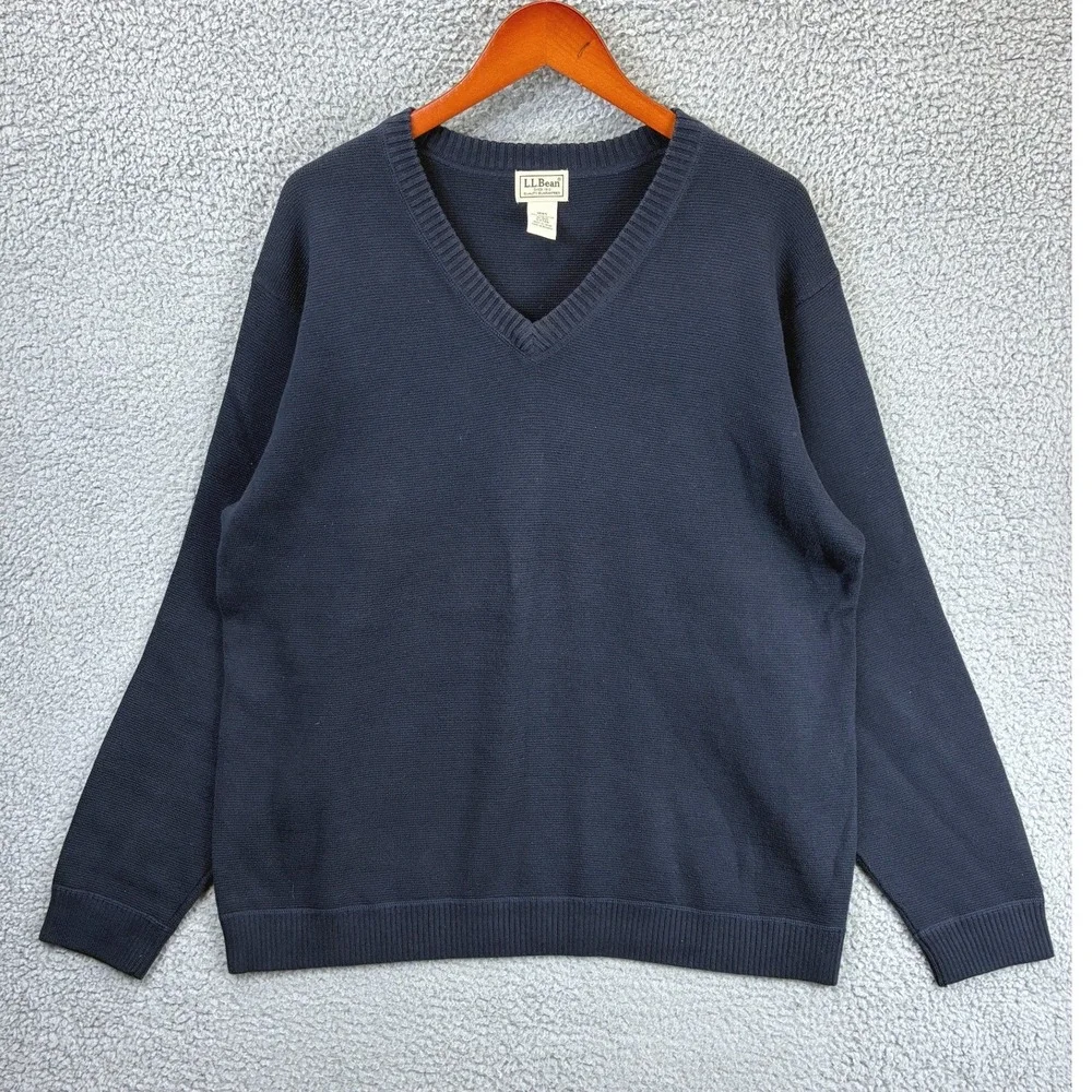 LL Bean Pima Cotton V-Neck Pullover Sweater Mens XL Navy Blue Preppy Casual